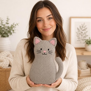 Flat Knit Cat Plush Knitting Pattern, Beginner Stuffed Animal PDF Download