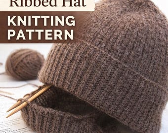 Ribbed Hat Knitting Pattern PDF | Easy Beanie with Folded Brim | Beginner Knit Hat