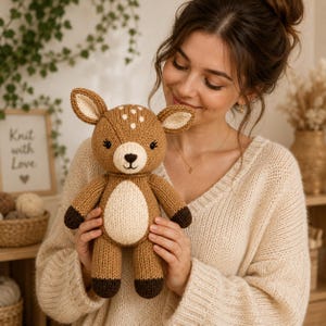 Può includere: Un peluche a forma di cervo lavorato a maglia nei colori marrone e crema, con zoccoli marrone scuro, tratti del viso ricamati e macchie bianche sulla testa. Il pupazzo presenta grandi orecchie, una pancia rotonda e una trama in filato morbido.