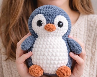 Penguin Amigurumi Crochet Pattern, Blue Grey Plush Chenille PDF
