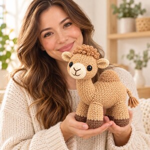 May include: A tan knitted camel stuffed animal with a cream-colored muzzle, dark brown hooves, and a small tuft of curly hair on its head. The camel features black plastic safety eyes and a stitched mouth, with a single hump on its back.