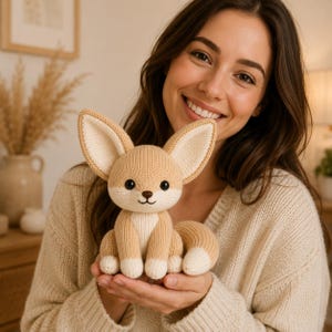 May include: A small, crocheted fennec fox plush toy with large, pointed ears, a tan and cream-coloured body, a dark brown nose, and black eyes. The fox is sitting in a seated position with its tail curled to the side, featuring a smooth, knit texture.