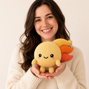 May include: A round, yellow knitted plush toy shaped like a sun with a smiling face, black eyes, and pink cheeks. It features three flame-like appendages on the side in yellow, orange, and red, along with two small arms and two small legs.