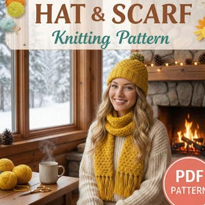 Op de afbeelding: Een vrouw draagt een gele gebreide muts en sjaal, met een bijpassende pompon. De afbeelding toont de tekst "HAT & SCARF Knitting Pattern" en een PDF-patroonpictogram. De scène omvat een open haard en een besneeuwd landschap.