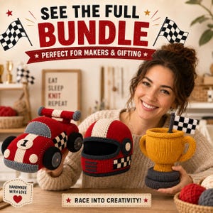 May include: A set of three knitted items including a red and white race car with a number one, a red and white racing helmet, and a yellow trophy with a black and white chequered flag. Text on the image reads SEE THE FULL BUNDLE and RACE INTO CREATIVITY.