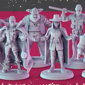 May include: Six grey 3D printed figurines of characters from the comic book series "The Maxx". The characters include The Maxx, The Maxx's girlfriend, a demon, a man with a gun, and a man with a sword. The figurines are pre-supported and come with six STL files.