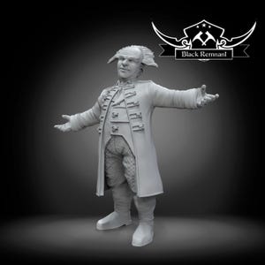 May include: A gray, detailed miniature figurine of a man wearing a long coat and a hat with a large brim. The figurine is posed with arms outstretched, as if in a gesture of welcome or invitation. The figurine is standing on a gray surface.