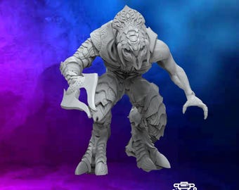 May include: A grey, detailed miniature of a creature with a sharp axe, posed in a dynamic stance. The miniature is printed in high quality resin and is ready to be painted.