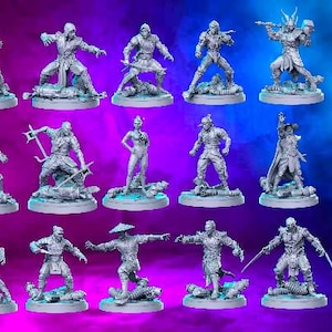 May include: A collection of miniature figurines, each depicting a different character in dynamic poses. The figures are all in a light gray color and are set against a gradient purple and blue background. The "Nerdy's Minis" logo is in the top right corner.