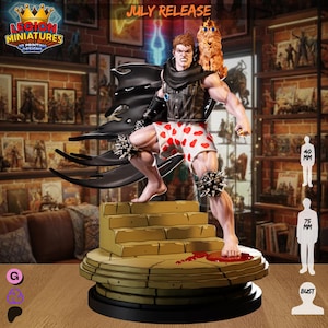 May include: A miniature figurine of a muscular character with a spiky-haired head, wearing a black vest, a black cape, and white shorts with red heart patterns. The character stands on a stone-like base with a cat on their shoulder.