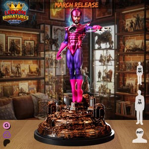 Könnte beinhalten: Eine 3D-gedruckte Figur eines Superhelden in einem rosa-violetten Anzug, die auf einem detaillierten, bronzefarbenen Sockel steht. Die Figur ist etwa 7,5 cm groß. Das Bild enthält den Text "MARCH RELEASE" und das Logo "LEGION MINIATURES 3D PRINTING DESIGNS".