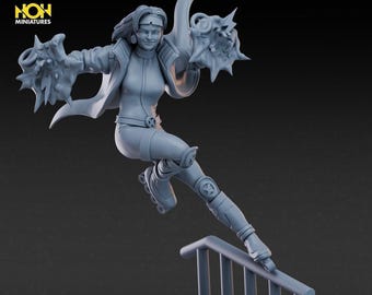 May include: A gray resin miniature figure of a character wearing a jacket, headband, and roller skates, performing a trick on a handrail. The figure has both arms extended with energy effects, and the base features the text AUGUST LINEUP #3.