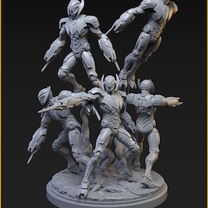 May include: A gray, 3D-printed Ultron drone figurine set. The figures are in dynamic poses, some mid-air, on a 50mm base. The text "ULTRON DRONES" and "40mm on 50mm base" are visible.