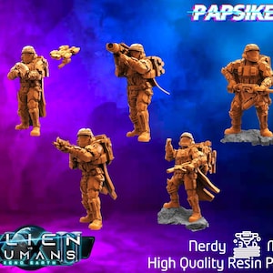 May include: A collection of orange resin miniatures of futuristic soldiers, each in detailed armor and carrying weapons. One miniature is accompanied by a small, yellow drone. The text "Alien vs Humans Xeno Earth" and "Nerdy Minis High Quality Resin Prints" are visible.