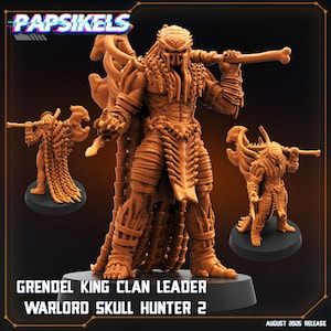 Puede incluir: Figura de color marrón anaranjado de un Grendel King Clan Leader Warlord Skull Hunter 2, sosteniendo un bastón con forma de hueso. También hay dos figuras más pequeñas. La imagen incluye el texto "Papsikels" y "August 2025 Release".