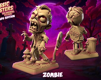 Könnte beinhalten: Zwei beige Zombie-Figuren aus der "Classic Monsters Chubheads Edition"-Kollektion. Eine Zombie-Figur hält einen Stock, die andere hat ein Stoppschild auf dem Rücken. Der Hintergrund zeigt eine Friedhofsszene mit einem lila Mond.