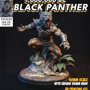 Może przedstawiać: Szczegółowa miniaturowa figurka wojownika w nakryciu głowy wilka, część kolekcji "1,000,000 BC Black Panther". Figurka w skali 40 mm z unikalną podstawą 35 mm. Obraz zawiera tekst: "CZSTUDIO", "PATREON JAN 26' REWARD" i "3D PRINTING STL + PRESUPPORTED".