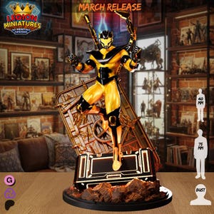 Op de afbeelding: Een geel en zwart actiefiguur met een futuristisch ontwerp, met twee wapens. Het figuur is gemonteerd op een basis met een oplichtend paneel en een rotsachtige textuur. De tekst "MARCH RELEASE" is zichtbaar.