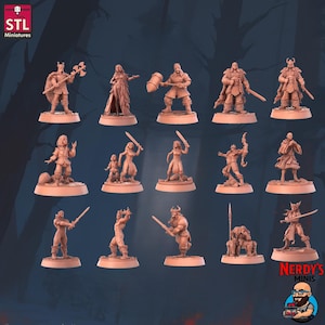 May include: A collection of miniature figurines, likely for tabletop gaming or display. The figures are in various poses, depicting warriors and characters with weapons. The color is a uniform tan, with details visible. The logo "STL Miniatures" is in the upper left corner.