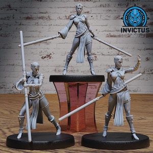 Puede incluir: Tres figuras en miniatura grises de una guerrera con sables de luz. Las figuras están sobre bases negras, una de ellas de pie sobre una plataforma rosa y negra. El logotipo de Invictus Miniatures está en la esquina superior derecha.