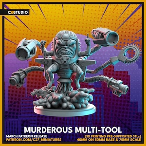 May include: A gray, 3D-printed miniature of a character with a large head and mechanical arms, seated on a throne-like structure. The figure is surrounded by mechanical components. The base is 40mm on a 50mm base and 75mm scale. The text reads "MURDEROUS MULTI-TOOL".
