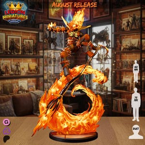 May include: A detailed fantasy figurine of a character with a flaming head and body, posed mid-air on a broomstick surrounded by a large, swirling orange and yellow flame base. The figure features spiked armor and skeletal chest details.