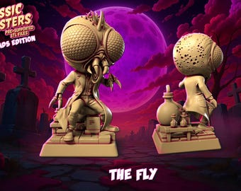 May include: Two beige-colored statues of "The Fly" from the "Classic Monsters" series. One statue is seated, the other is standing, both on a base with laboratory equipment. The background features a graveyard with a purple moon and red sky.