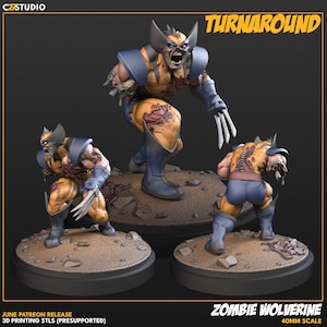 May include: A 3D-printed Zombie Wolverine figure in a dynamic pose, with yellow and blue costume, and exposed flesh. The figure is on a circular base, with the text "TURNAROUND" and "ZOMBIE WOLVERINE" visible. The scale is 40mm.