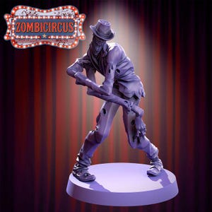 Puede incluir: Una figura púrpura de una figura parecida a un zombi con sombrero y ropa hecha jirones, posando sobre una plataforma circular. La figura sostiene un largo brazo esquelético. El letrero de arriba dice "ZOMBICIRCUS".