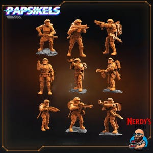 May include: Nine miniature figurines of soldiers in tan armor, each holding a weapon. The figurines are on small, gray bases. The text "Papsikels" and "Nerdy's Minis" are visible in the image.