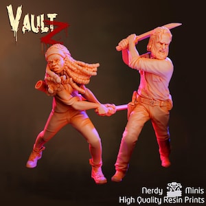 May include: Orange resin figures of two characters in a battle pose. One figure holds a sword, while the other holds a weapon. The word "Vault Z" is at the top left. The text "Nerdy Minis High Quality Resin Prints" is at the bottom.