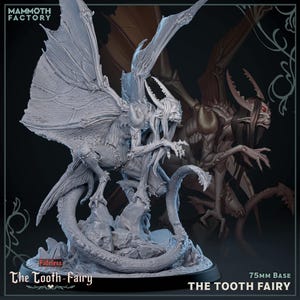 May include: A gray, detailed miniature figure of "The Tooth-Fairy" with large wings, horns, and a serpentine tail, standing on a rocky base. The figure is labeled "Mammoth Factory" and "Fateless". The base is 75mm.