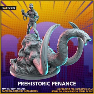 May include: A grey 3D-printed miniature titled "Prehistoric Penance." It features a skeletal figure atop a woolly mammoth, with a serpent-like creature. The base is 6.5cm, and the scale is 7.5cm. The text includes "C27STUDIO" and "MAY PATREON RELEASE."