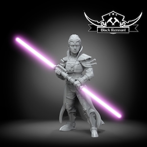 May include: A detailed, gray figurine of a character holding a double-bladed lightsaber with a bright pink glow. The figure is wearing armor and a long coat. The Black Remnant logo is in the upper right corner.