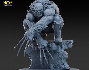 May include: A grey, unpainted resin miniature of a muscular, fur-covered humanoid creature in a crouching pose. The figure features sharp fangs, long claws extending from each hand, and is perched atop a jagged, broken concrete base. Text reads AUGUST LINEUP #6, AVAILABLE ON PATREON, and NON MINIATURES.