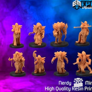May include: A collection of eight beige resin miniatures of fantasy creatures, each standing on a black base. The figures have detailed textures and various poses, with some holding staffs or weapons. The text "Nerdy Minis High Quality Resin Prints" is at the bottom.