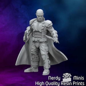 May include: A gray 3D printed miniature figure of a person wearing a long coat and futuristic armor. The figure is holding a weapon in one hand and has a serious expression on their face.