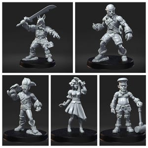 May include: Five gray miniature fantasy figures on black bases. The figures include a warrior with a large sword, an elf with a bow, a blindfolded figure with a weapon, a woman in a dress, and a dwarf with a hammer.