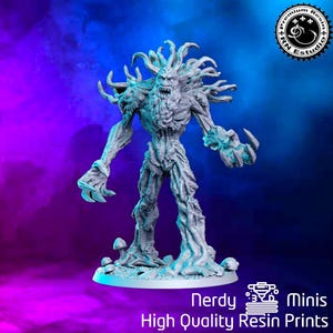 May include: A detailed, gray resin miniature of a tree creature with gnarled branches and roots, standing on a circular base with small mushroom details. The miniature is a tabletop game piece, perfect for fantasy role-playing games.