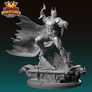 May include: A gray Batman figurine in a dynamic pose, holding a batarang. The figure stands on a detailed base with gargoyles and architectural elements. The cape is flowing, and the figure is from Legion Miniatures.