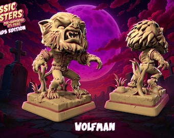 May include: Two beige Wolfman figurines from the "Classic Monsters Chubheads Edition" line, set against a purple night sky with a full moon and a graveyard. The figures are posed on square bases.