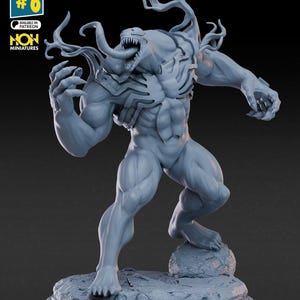 May include: A grey, unpainted resin miniature figure of a muscular, monstrous creature with sharp teeth, a long tongue, and tendrils extending from its back. The figure stands on a rocky base. Text in the corner reads JUNE LINEUP #6.