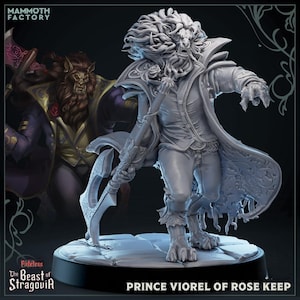 May include: A gray painted miniature figurine of a lion-like creature wearing a long coat and holding a large axe. The figurine is standing on a round base. The text "Prince Viorel of Rose Keep" is printed below the base. The text "The Beast of Stragovir" is printed on a banner below the base.