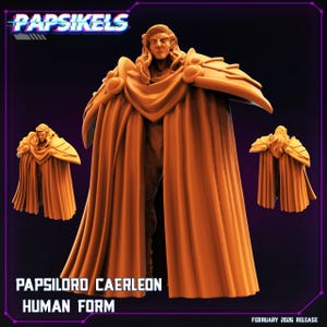 May include: A 3D-printed figure of Papsilord Caerleon in human form, with a flowing cape and ornate shoulder armor. The figure is a warm orange color, with the text "Papsikels" and "Papsilord Caerleon Human Form" displayed. The release date is February 2026.