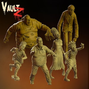 Może przedstawiać: Kolekcja figurek zombie w różnych pozach, o zniszczonym, zwietrzałym wyglądzie. Figurki obejmują dużego, otyłego zombie, wysokiego, chudego zombie w garniturze i kilka innych postaci w podartych ubraniach. Słowo "VAULT Z" znajduje się w lewym górnym rogu.