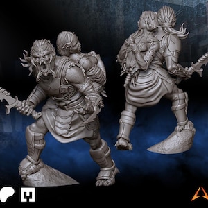 May include: A gray, detailed figurine of a creature with a menacing face, holding a bladed weapon. Another figure is carried on its back. The figurine is posed on a rocky base, with a second figurine in the background. The overall theme is fantasy.