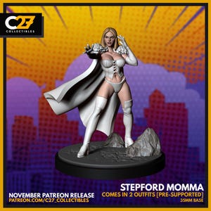 Może przedstawiać: Biała figurka Stepford Momma z peleryną, butami i rękawicami, stojąca na podstawie 35 mm. Figurka pozuje z jedną ręką wyciągniętą. Obraz zawiera tekst "C27 COLLECTIBLES" i "NOVEMBER PATREON RELEASE".