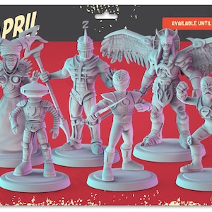 May include: A set of six grey painted miniature figurines, including a wizard, a knight, a winged warrior, a ranger, a robot, and a superhero. The figurines are posed on circular bases and are available until May 31st.