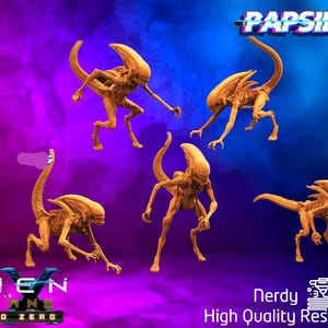 May include: Five detailed, tan-colored alien miniatures in various poses are displayed against a gradient purple and blue background. The text "Papsikels" is at the top, with "Alien vs Humans Ground Zero" and "Nerdy Minis High Quality Resin Prints" at the bottom.