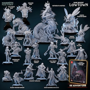 May include: A collection of gray miniature figurines, including busts, monsters, and characters, with titles like "Half Beast Bust," "Whispering Worms," and "Mother of Whispers." A book titled "Whispers in the Dark" is also present.